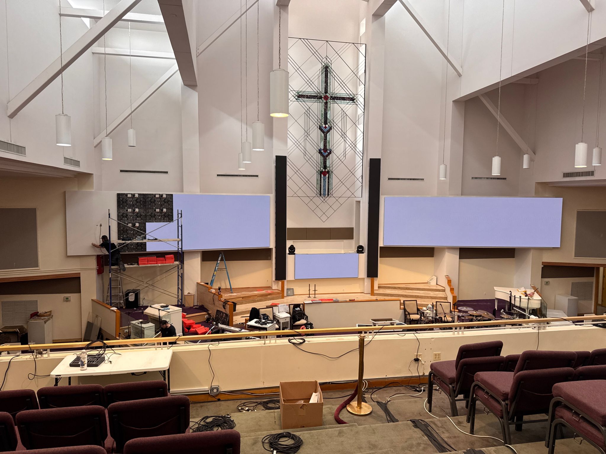 The sanctuary prepared for the new LED wall installation