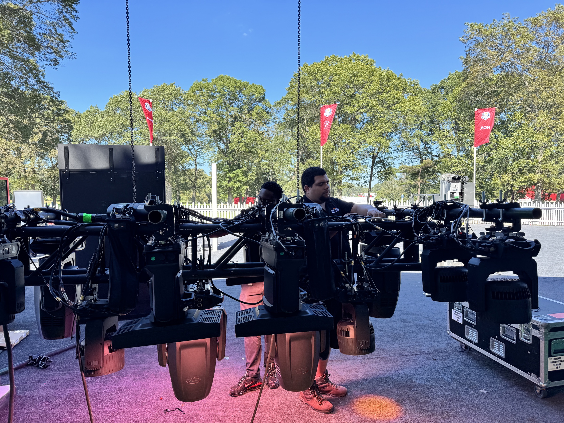 The event lighting rig being assembled and cabled before the activation opened