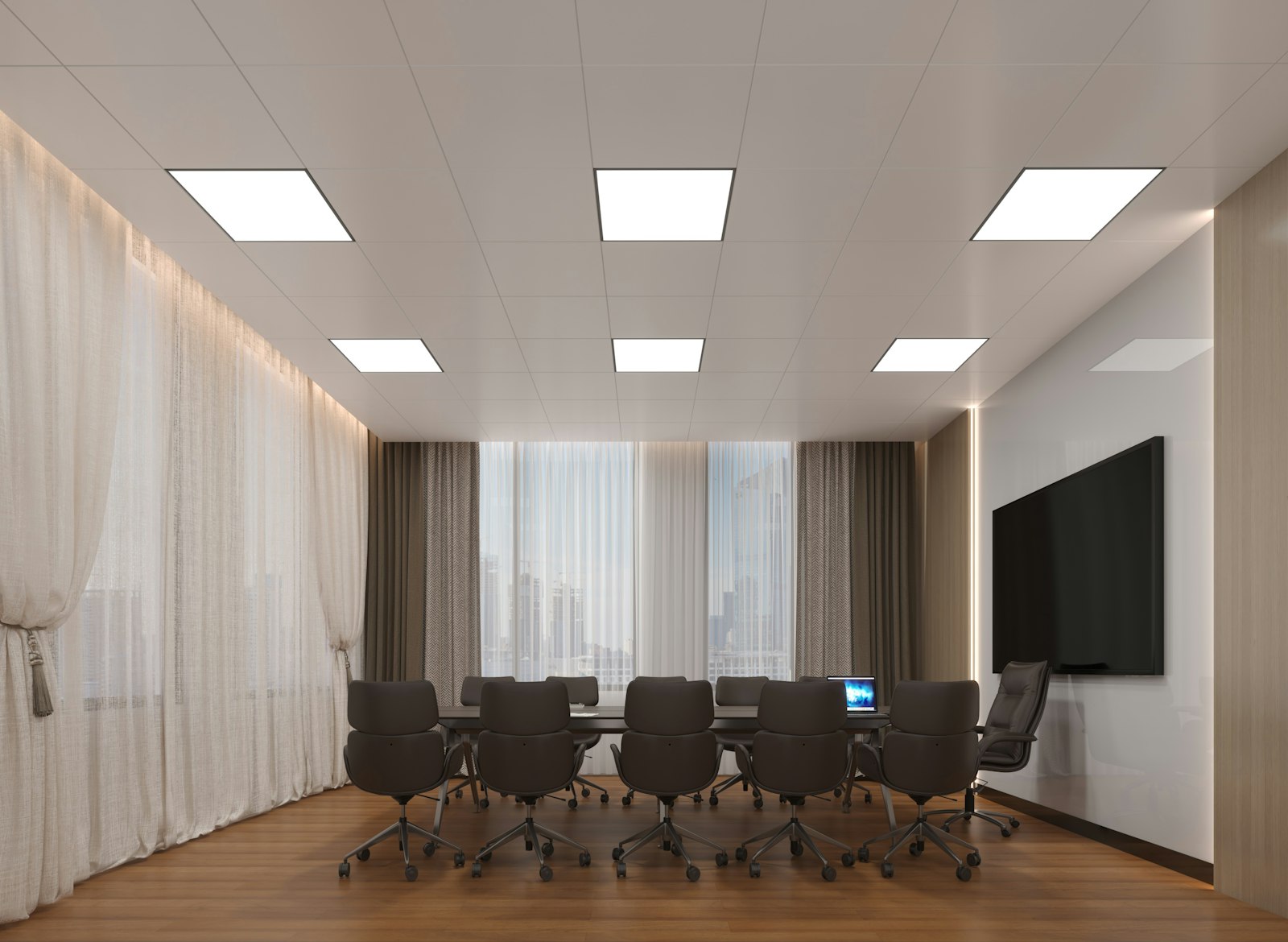 Modern conference room with an integrated presentation display